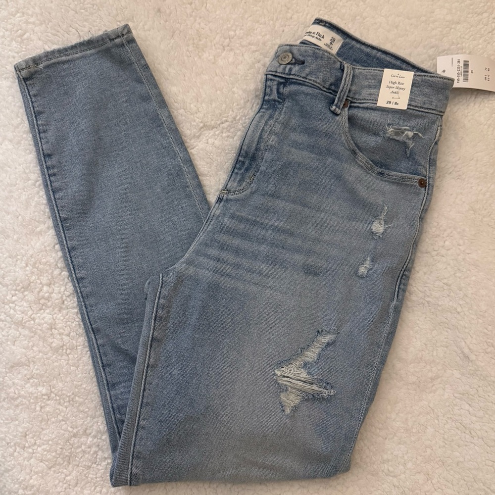 Abercrombie & Fitch Curve Love High Rise Women's Light Blue Distressed Jeans